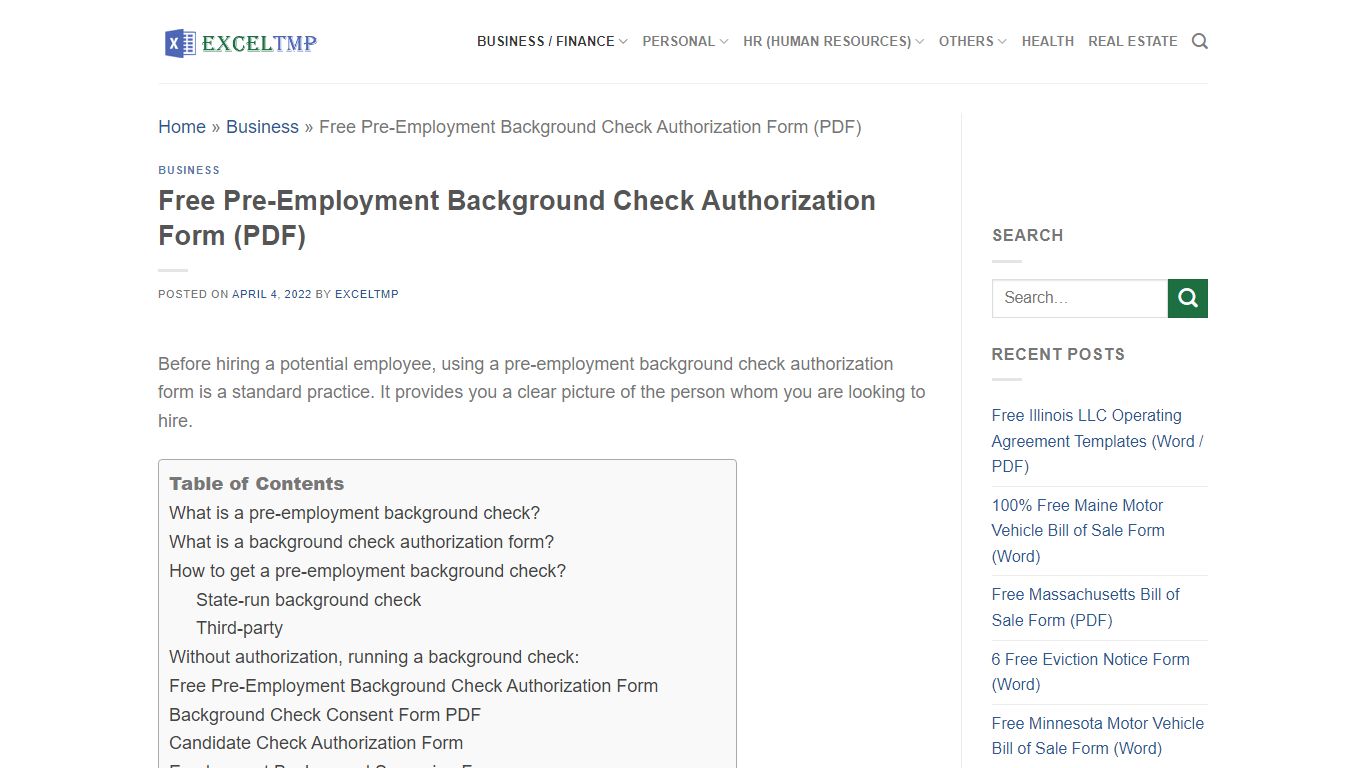 Free Pre-Employment Background Check Authorization Form (PDF)